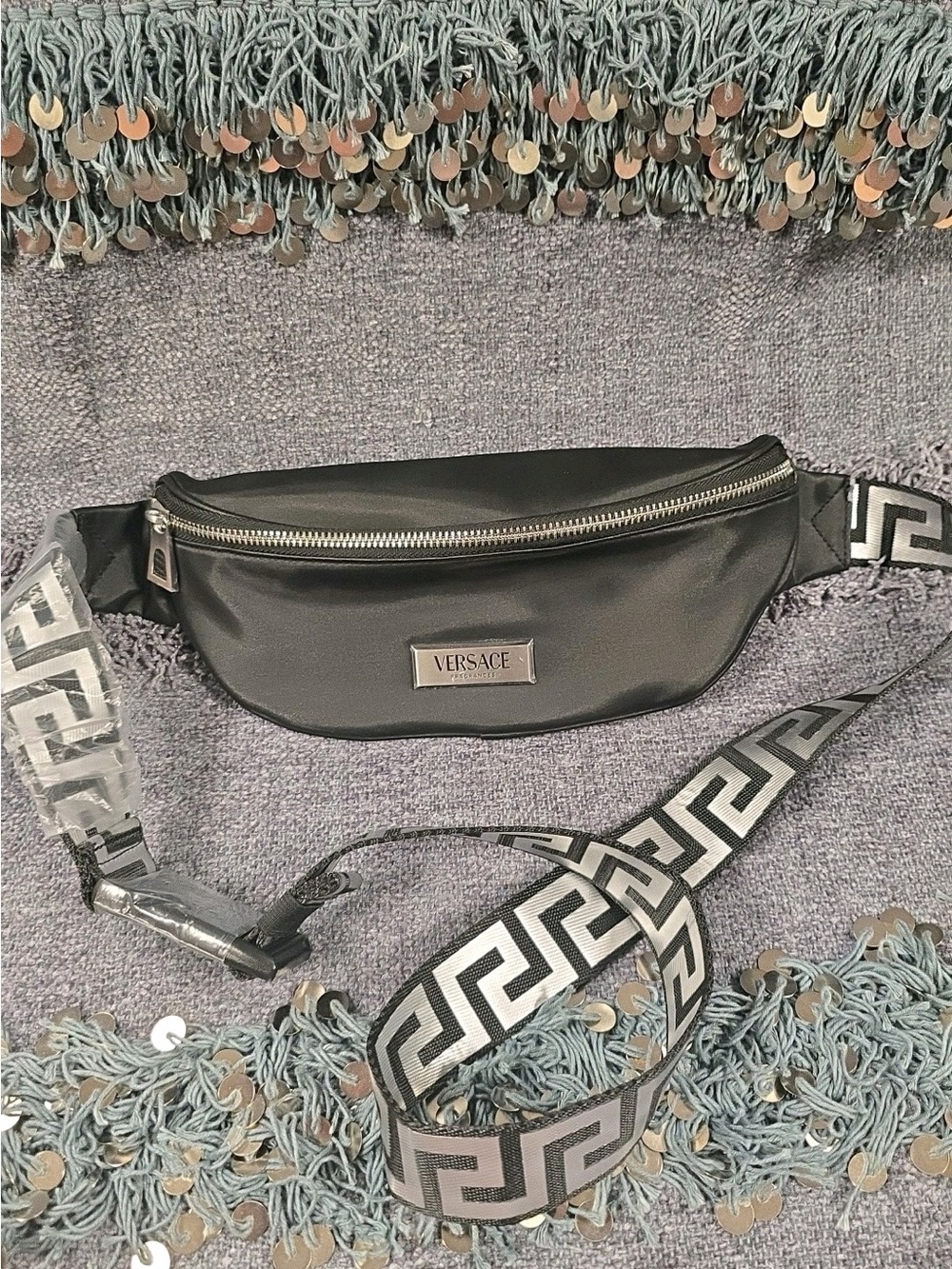 Versace new Black Crossbody belt sling Bag with Geometric guitar Strap